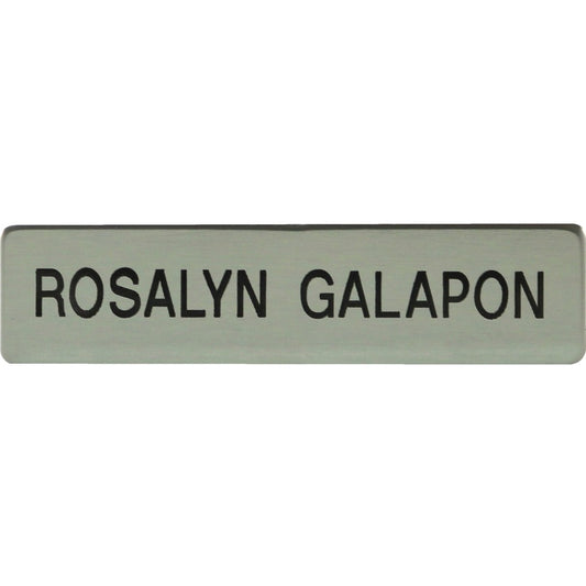 Xstamper Black Letters/Silver Metal Uniform Badge - 2.5" Width x 0.6" Height - Rectangular Shape - Clutch Fastener - Metal - Silver - 1 Each