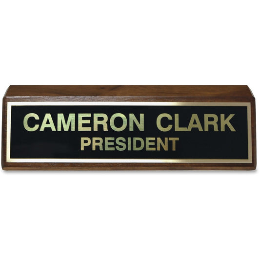 Xstamper Wood Base Brass Plated Desk Sign - 8" Width x 2" Height - Rectangular Shape - Brass, Walnut Wood - Black - 1 Each