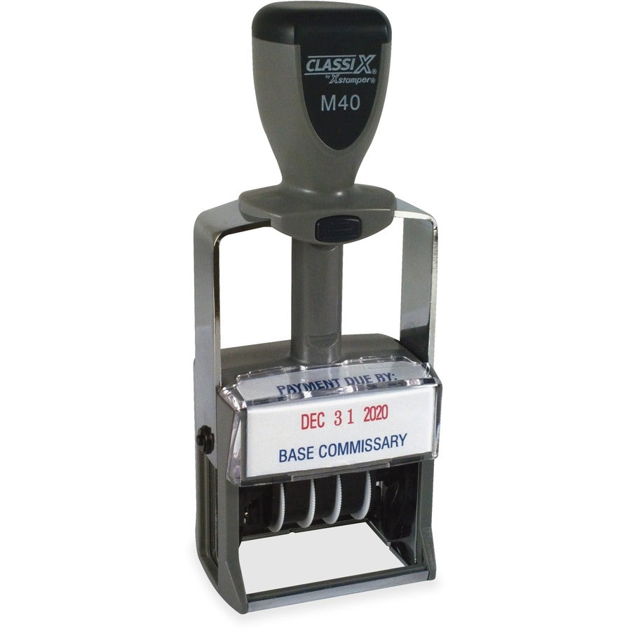 Xstamper ClassiX Self-inking Date Stamp - Message/Date Stamp - 0.88" Impression Width x 1.56" Impression Length - 7000 Impression(s) - Assorted - Metal - 1 Each