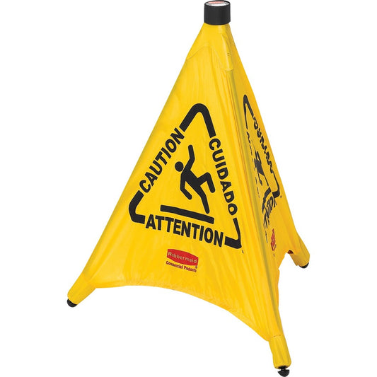 Rubbermaid Commercial Multi-Lingual Caution Safety Cone - Print/Message "Caution" , "Attention" , "Cuidado" - 21" Width x 20" Height x 21" Depth - Wall Mountable - Durable, Multilingual - Yellow - 12 / Carton