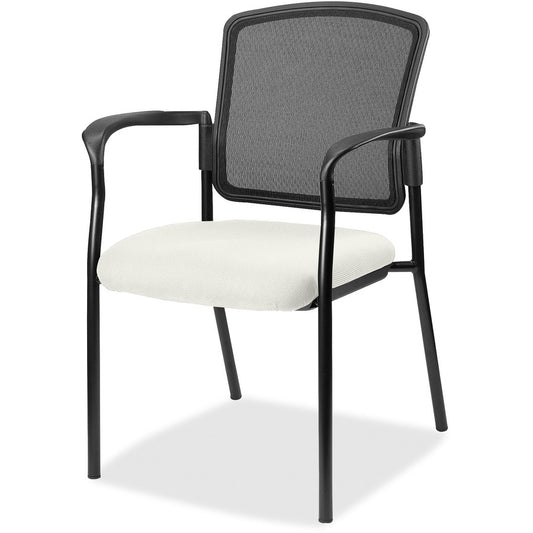 Lorell Mesh Back Stackable Guest Chair - Dillon Snow Seat Color - Vinyl Seat Material - Black Back Color - Mesh Back Material - Black Frame Color - Powder Coated Steel Frame Material - Four-legged Base - Snow - Vinyl - Armrest - 1 Each