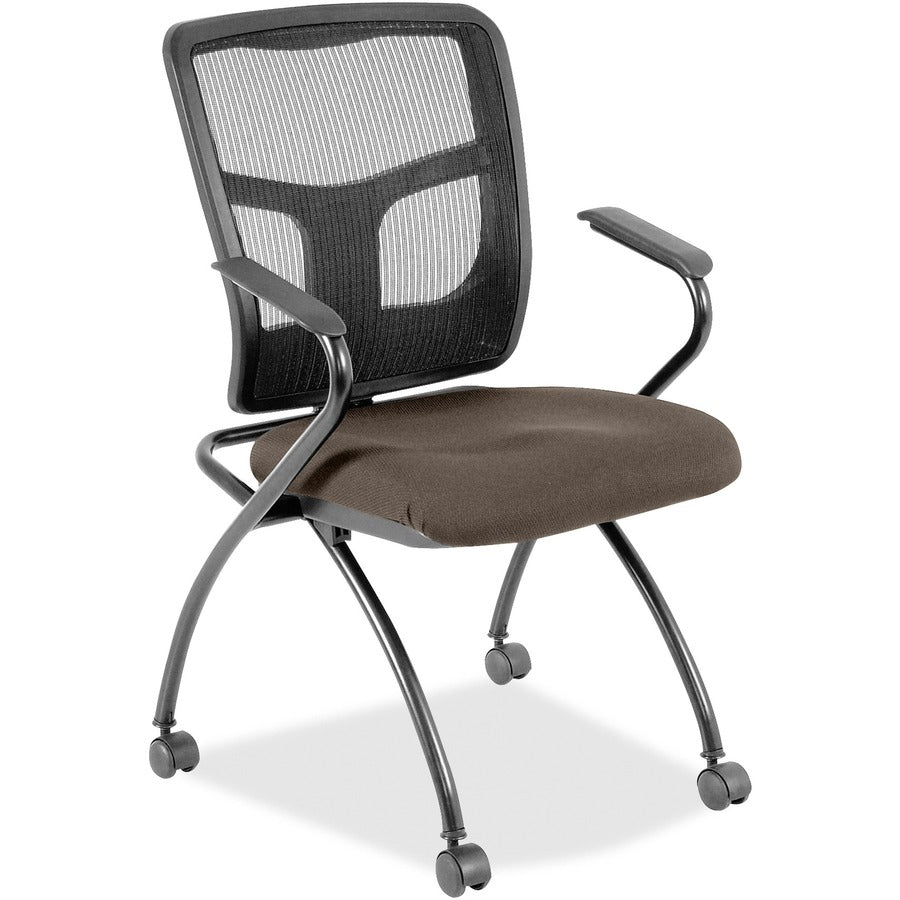 Lorell Mesh Back Nesting Training/Guest Chairs - Dillon Java Seat Color - Vinyl Seat Material - Black Back Color - Mesh Back Material - Gray Frame Color - Powder Coated Metal Frame Material - Four-legged Base - Armrest - 2 / Carton