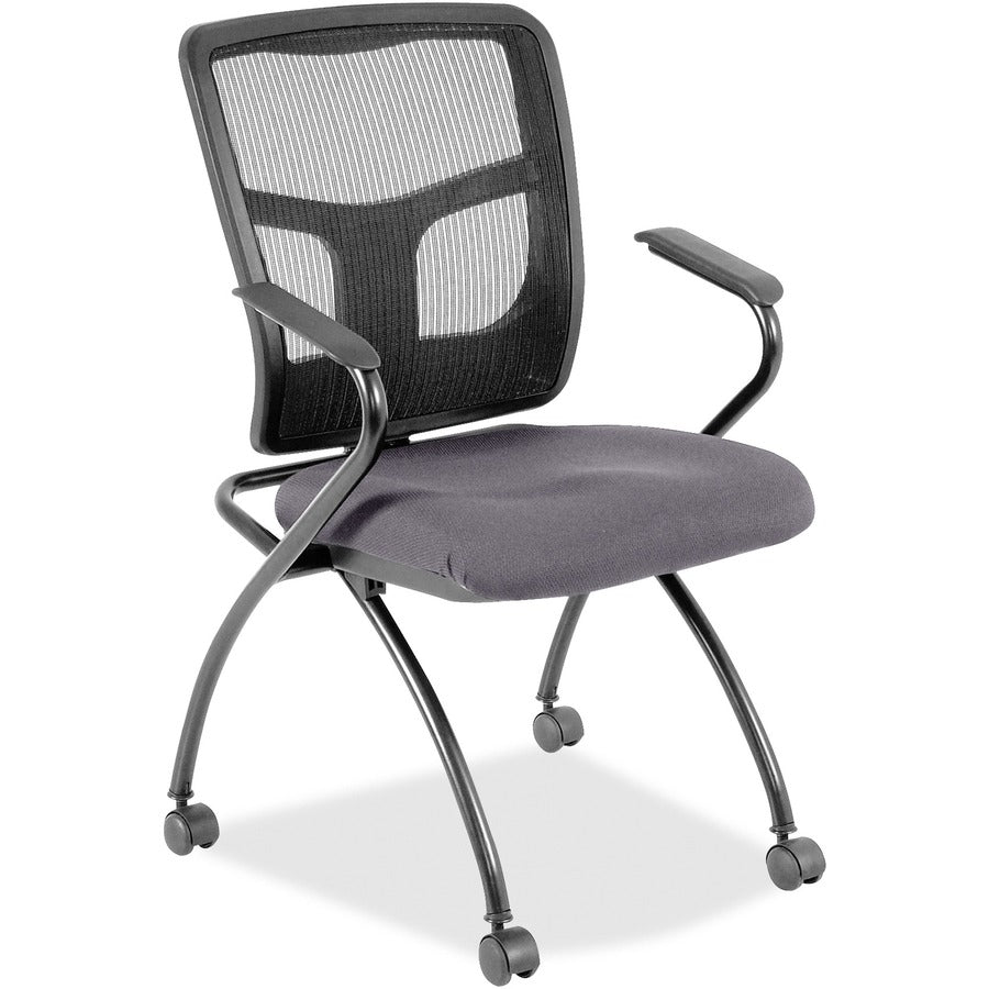 Lorell Mesh Back Nesting Training/Guest Chairs - Canyon Carbon Seat Color - Vinyl Seat Material - Black Back Color - Mesh Back Material - Gray Frame Color - Powder Coated Metal Frame Material - Four-legged Base - Armrest - 2 / Carton