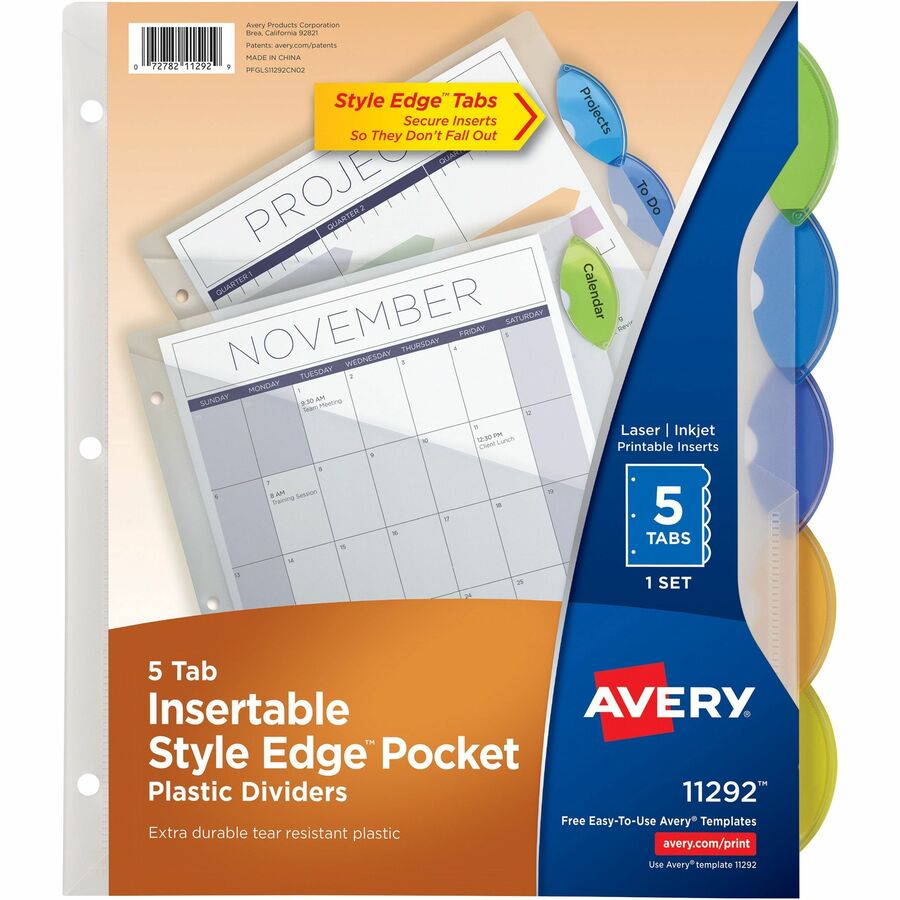 Avery&reg, Insertble Style Edge Plastic Pocket Dividers - 5 x Divider(s) - 5 - 5 Tab(s)/Set - 9.3" Divider Width x 11.25" Divider Length - 3 Hole Punched - Translucent Plastic Divider - Multicolor Plastic Tab(s) - Durable, Tear Resistant, PVC-free, Hol...
