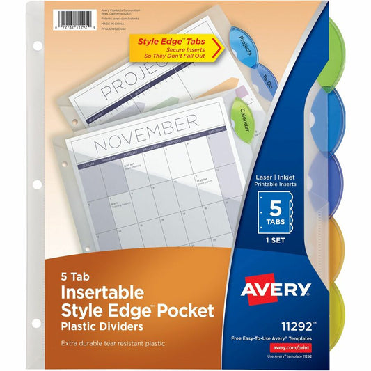 Avery, Insertble Style Edge Plastic Pocket Dividers - 5 x Divider(s) - 5 - 5 Tab(s)/Set - 9.3" Divider Width x 11.25" Divider Length - 3 Hole Punched - Translucent Plastic Divider - Multicolor Plastic Tab(s) - Durable, Tear Resistant, PVC-free, Hol...