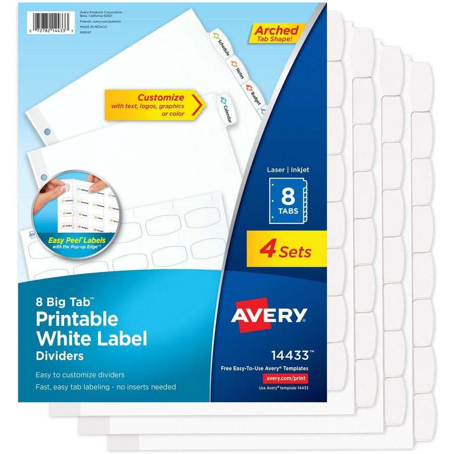 Avery&reg, Big Tab Printable Label Dividers, Easy Peel Labels, 8 Tabs - 32 x Divider(s) - 32 Tab(s) - 8 - 8 Tab(s)/Set - 8.5" Divider Width x 11" Divider Length - 3 Hole Punched - White Paper Divider - White Paper Tab(s) - 20% - Hole-punched, Printable...