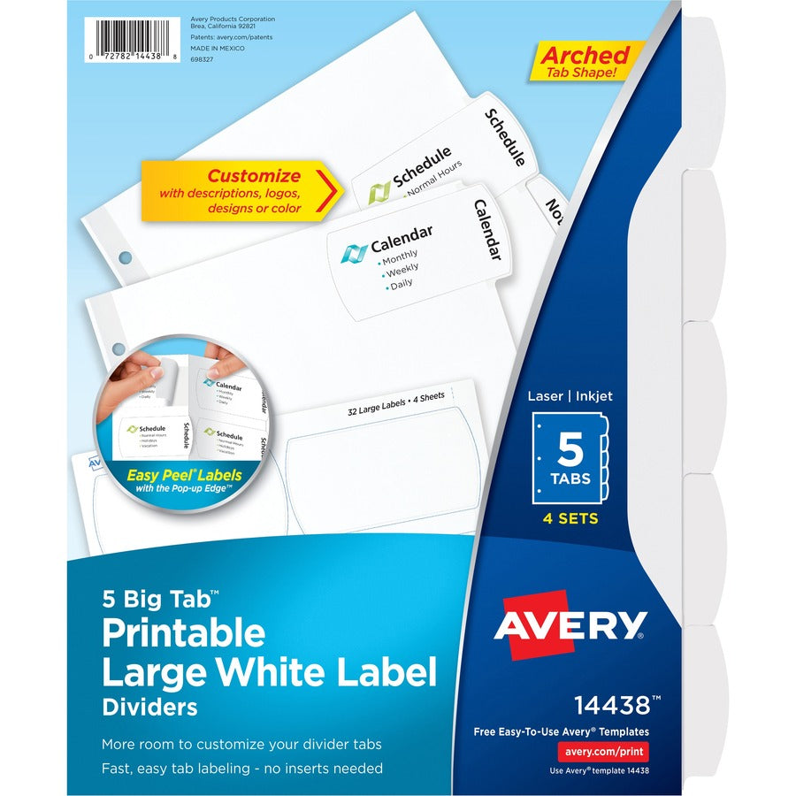 Avery&reg, Big Tab Printable Large White Label Dividers - 20 x Divider(s) - 5 - 5 Tab(s)/Set - 8.5" Divider Width x 11" Divider Length - 3 Hole Punched - White Paper Divider - White Paper Tab(s) - 20% - 4 / Pack