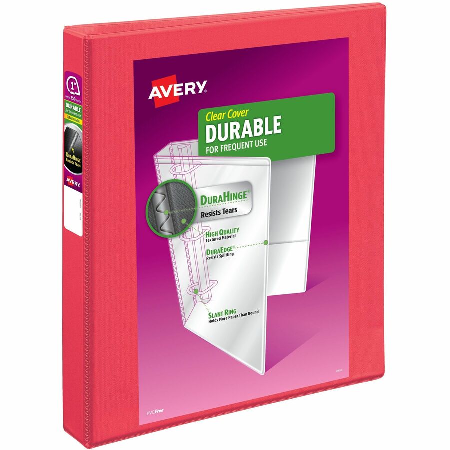 Avery&reg, Durable View Binders with Slant Rings - 1" Binder Capacity - Letter - 8 1/2" x 11" Sheet Size - 250 Sheet Capacity - 1 2/5" Spine Width - 250 x 1" Ring - Fastener: Slant Ring - Pocket: 2, Internal - Polypropylene - Coral - Adhesive, Archival...