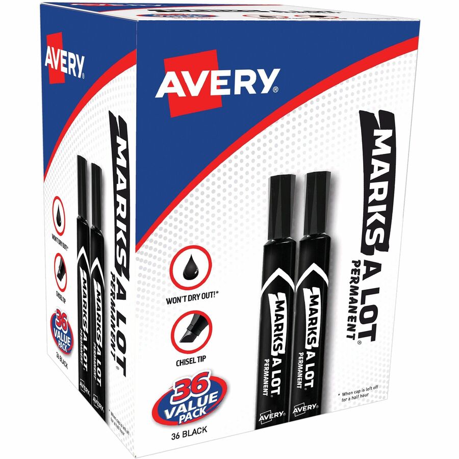 Avery&reg, Marks A Lot Permanent Markers, Large Desk-Style, Black, 36/BX - 0.1875" Chisel Marker Point - Black Ink - Writing, Metal, Plastic, Classroom, Office, Warehouse, Home - 1 Box