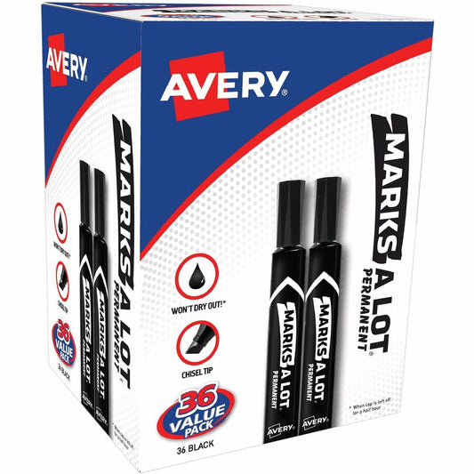 Avery&reg, Marks A Lot Permanent Markers, Large Desk-Style, Black, 36/BX - 0.1875" Chisel Marker Point - Black Ink - Writing, Metal, Plastic, Classroom, Office, Warehouse, Home - 1 Box
