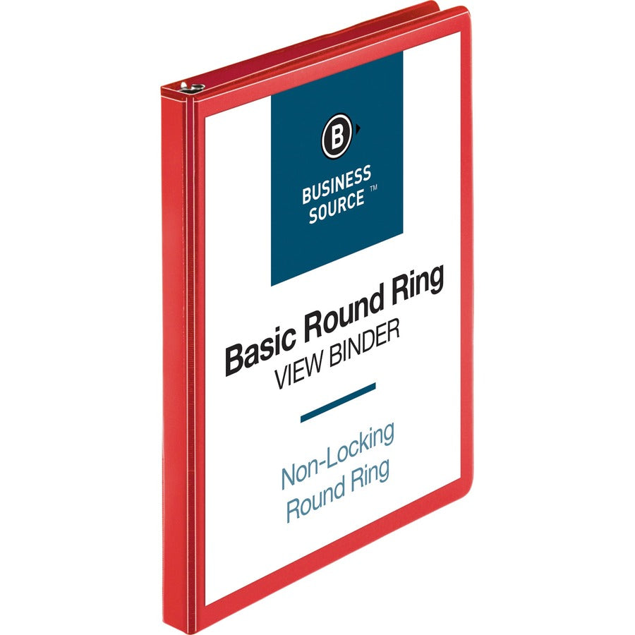 Business Source Round Ring Binder - 1/2" Binder Capacity - Fastener: Round Ring - Pocket: 2, Internal - Red - Clear Overlay, Labeling Area - 1 Each