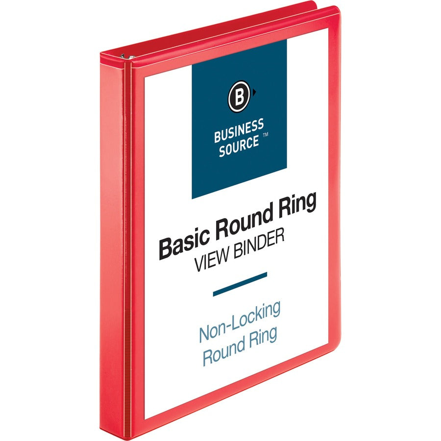 Business Source Round Ring Binder - 1" Binder Capacity - Fastener: Round Ring - Pocket: 2, Internal - Red - Clear Overlay, Labeling Area - 1 Each