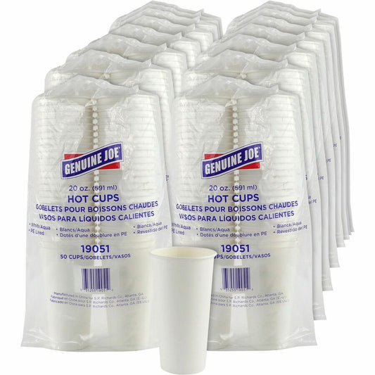Genuine Joe 20 oz Disposable Hot Cups - 20 fl oz - White - Polyurethane - Coffee, Hot Drink, Picnic, Company, Tea, Hot Chocolate, Beverage - 50/Pack - 20 / Carton