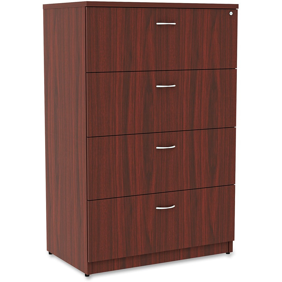 Lorell Essentials Series 4-Drawer Lateral File - 1" Thickness Top, 54.8" Height x 35.5" Width x 22" Depth - Total Drawer(s): 4 - Finish: Mahogany Laminate - Durable, Built-in Hangrail, Ball-bearing Suspension, Central Locking, Anti-tip, Adjustable Leve...
