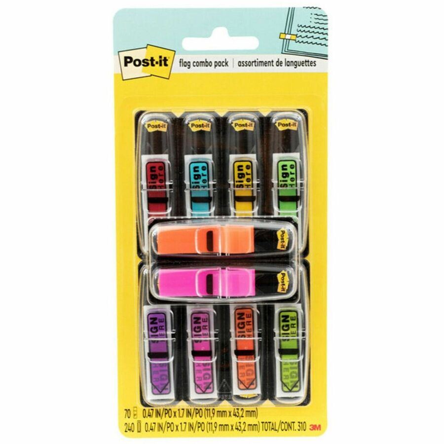 Post-it&reg, Post-it Printed Message Flags Value Pack - 1/2" Flag/Note Width x 1 3/4" Flag/Note Length - Arrow - SIGN HERE - Assorted - Self-stick, Repositionable, Removable - Dispenser Included - 240 / Pack