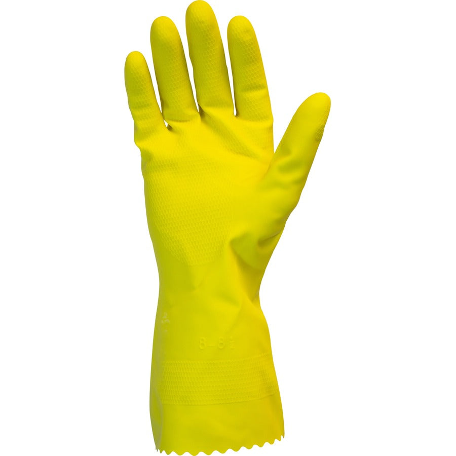 Safety Zone Yellow Flock Lined Latex Gloves - 18 mil Thickness x 12" Glove Length - Chemical Protection - Medium Size - Yellow - Fish Scale Grip, Flock-lined - For Dishwashing, Cleaning, Meat Processing - 12 / Dozen