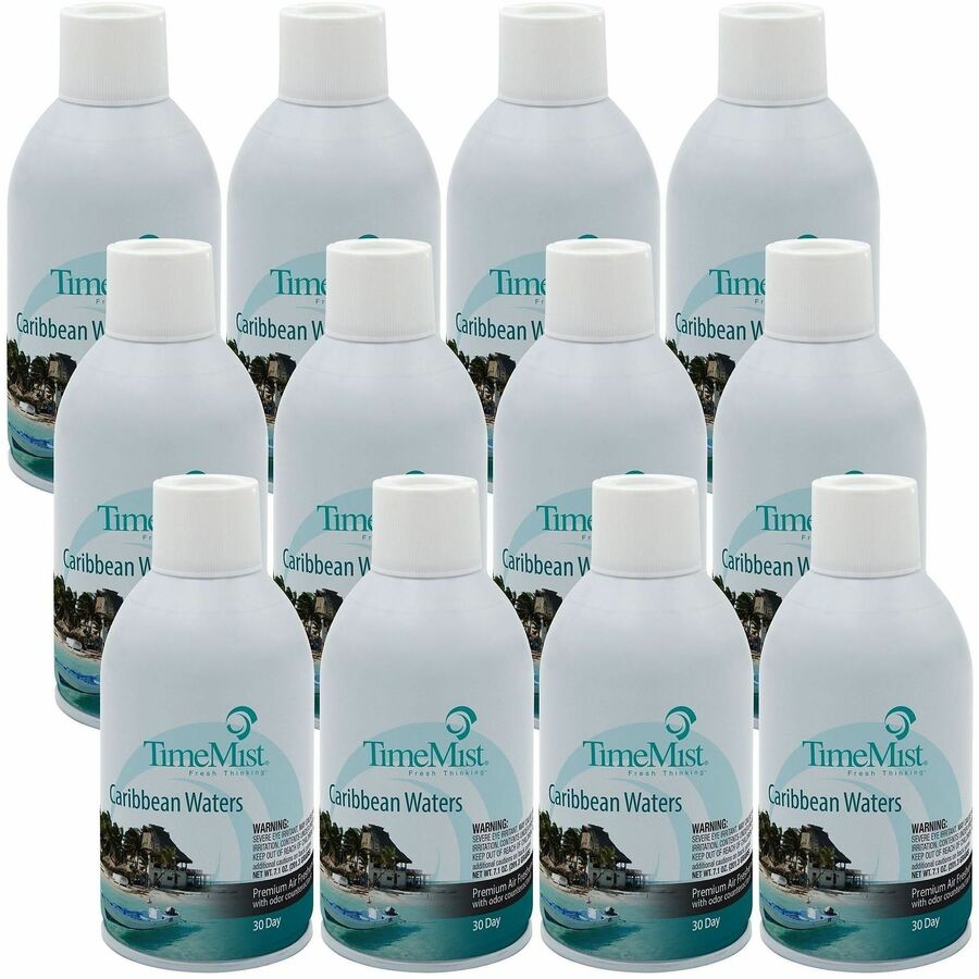TimeMist Metered 30-Day Caribbean Waters Scent Refill - Spray - 6000 ft� - 6.6 fl oz (0.2 quart) - Caribbean Waters - 30 Day - Long Lasting, Odor Neutralizer - 12 / Carton