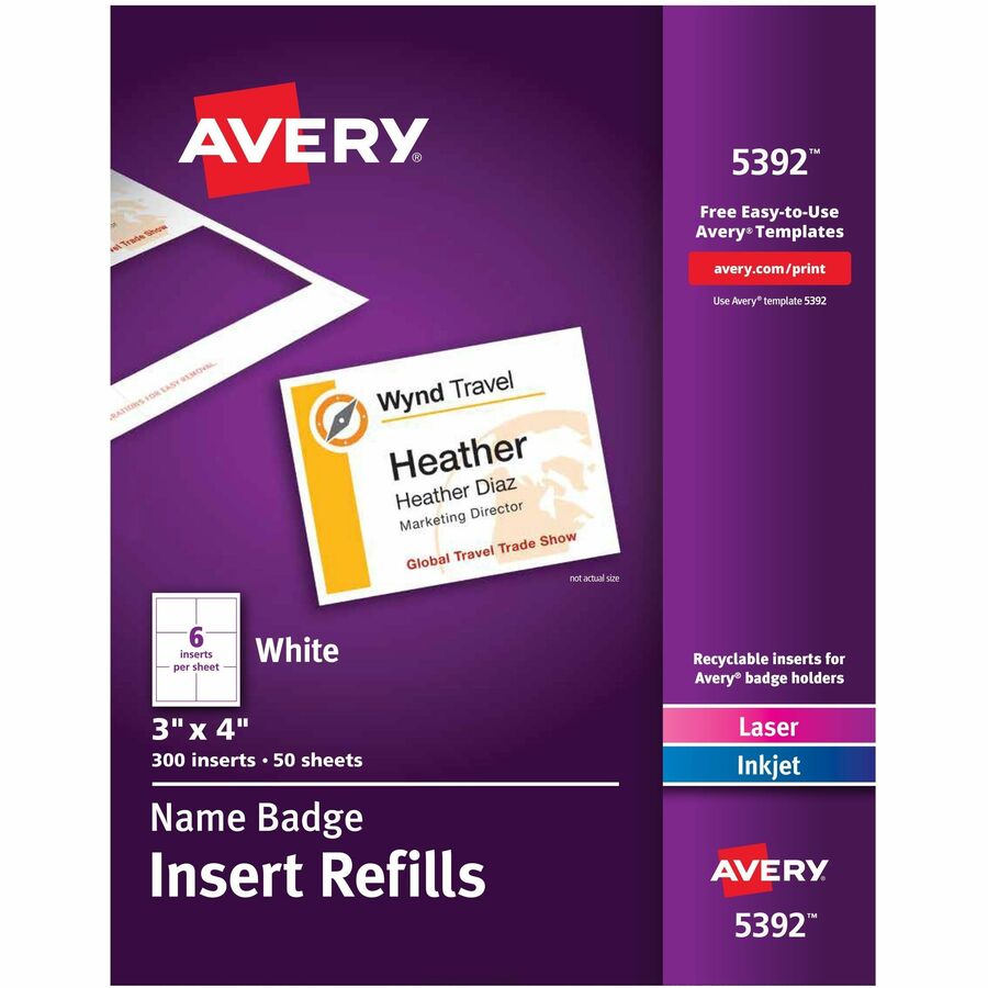 Avery&reg, Laser/Inkjet Badge Insert Refills - x 3" Width x 4" Length - Insert - Inkjet, Laser - White - Card Stock - 6 / Sheet - 50 Total Sheets - 300 Total Label(s) - 300 / Box