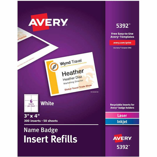 Avery, Laser/Inkjet Badge Insert Refills - x 3" Width x 4" Length - Insert - Inkjet, Laser - White - Card Stock - 6 / Sheet - 50 Total Sheets - 300 Total Label(s) - 300 / Box