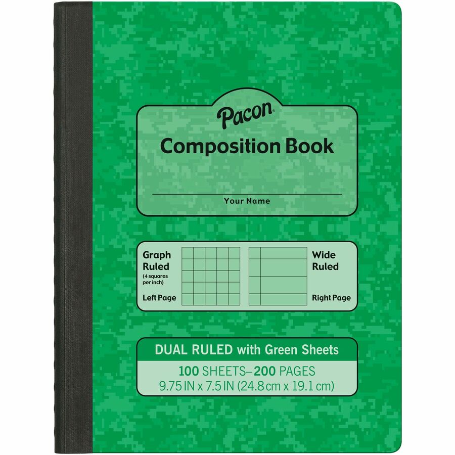 Pacon Dual Ruled Composition Book - Plain - Quad Ruled, Wide Ruled Front Ruling - 9.75" Height x 7.5" Width x 0.5" Length - Green Cover - 24 / Carton