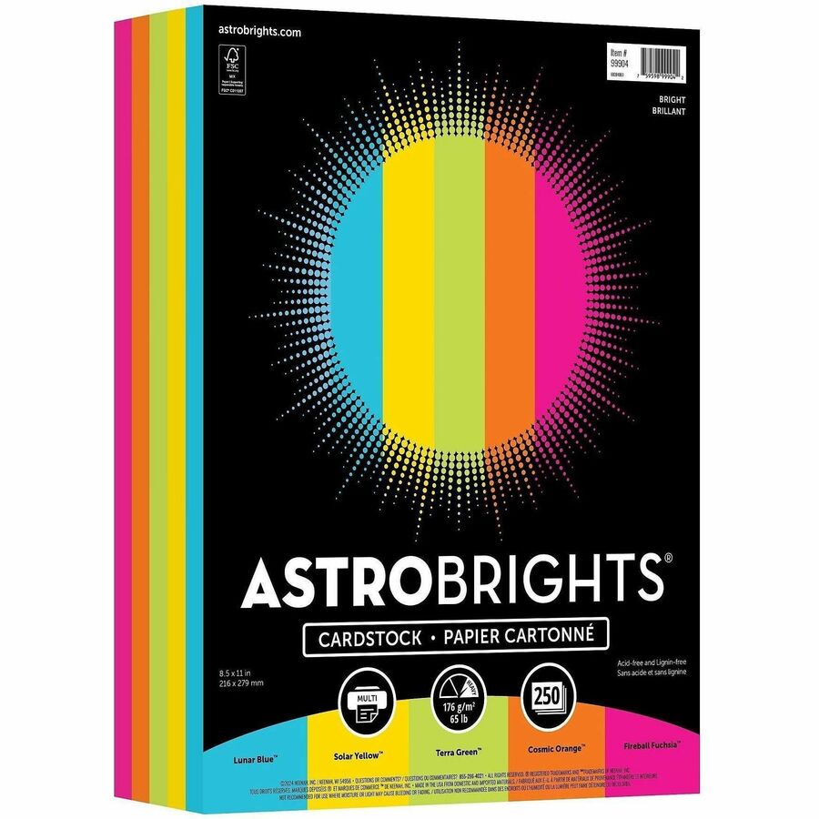 Astrobrights Color Card Stock - 5 Assorted Colours - 8 1/2" x 11" - High-impact, Durable, Printable, Acid-free, Lignin-free - Lunar Blue, Solar Yellow, Terra Green, Cosmic Orange, Fireball Fuchsia - 250 / Pack