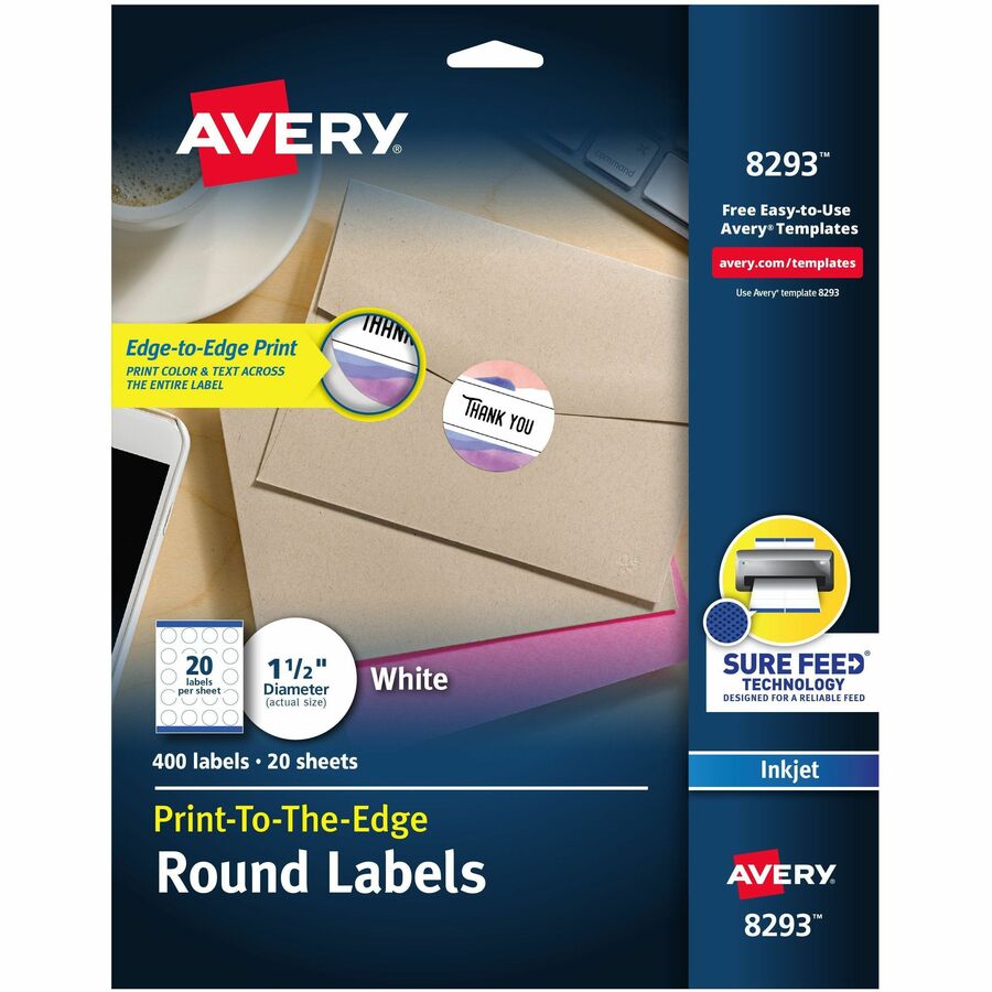 Avery&reg, High Visibility Round Labels - 1 1/2" Diameter - Permanent Adhesive - Round - Inkjet - Matte - White - Paper - 20 / Sheet - 20 Total Sheets - 400 Total Label(s) - 400 / Pack