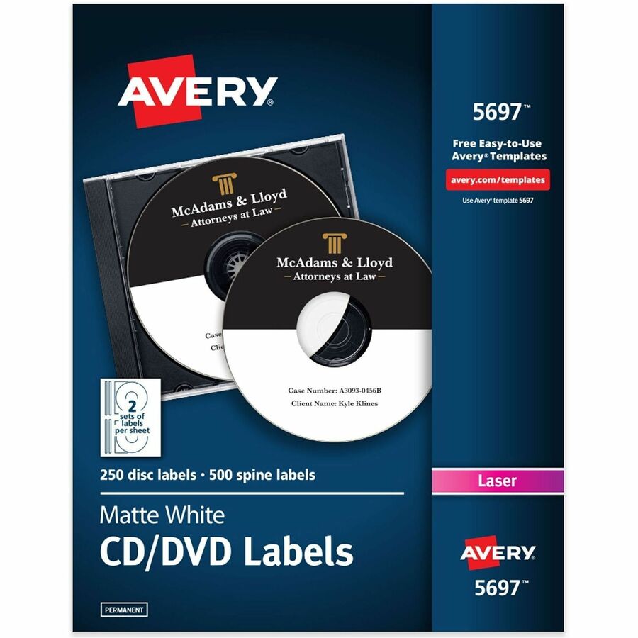 Avery&reg, Customize CD/DVD Labels - Permanent Adhesive - Laser - Matte - Matte White - Paper - 2 / Sheet - 125 Total Sheets - 250 Total Label(s) - 250 / Pack