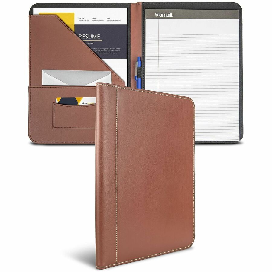 Samsill Letter Pad Folio - 8 1/2" x 11" - Leather - Tan - Document Pocket, Pen Loop - 1 Each