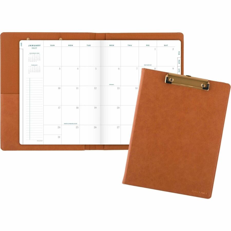At-A-Glance Signature Collection ClipFolio with Monthly Planner - Large - Monthly - 13 Month - January 2027 to January 2028 - 1 Month Double Page Layout - 8" x 11" Sheet Size - White Sheet - Wire Bound - Brown - Faux Leather - 12.5" Height - 1 Each