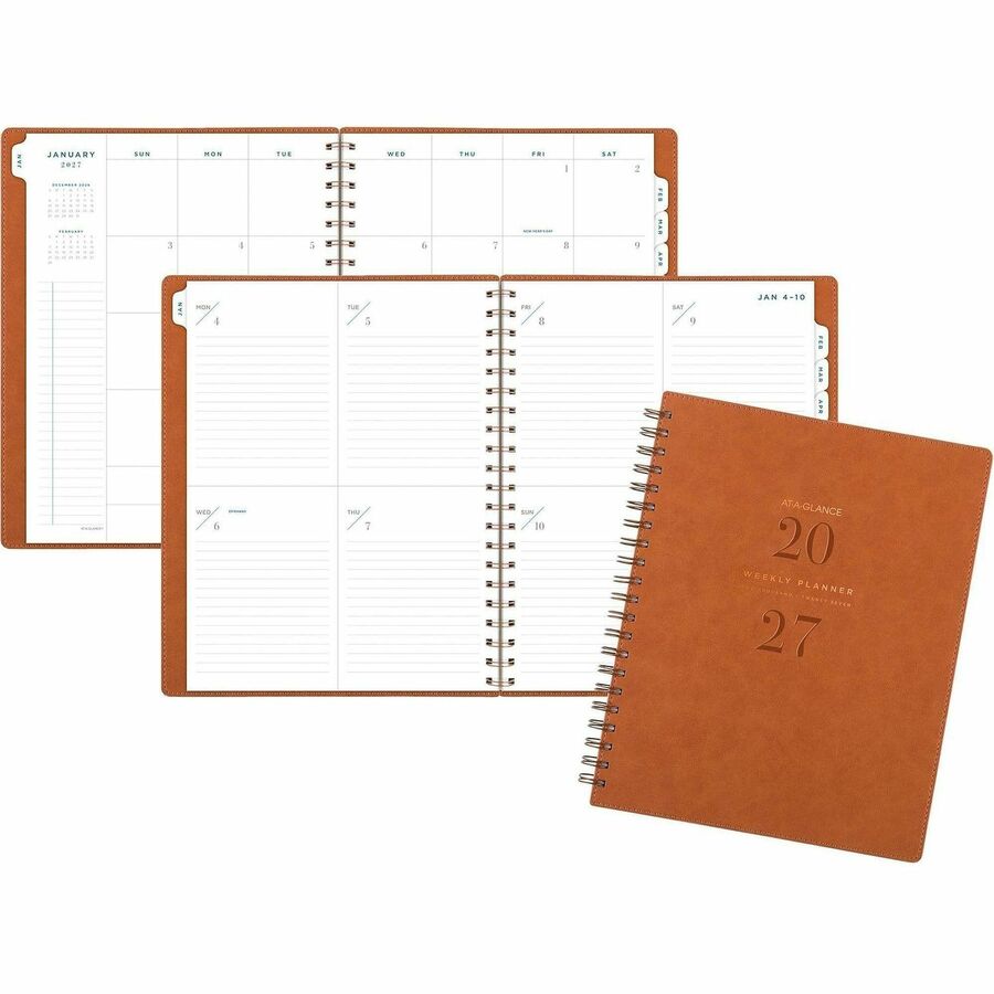 At-A-Glance Signature Collection Planner - Large - Professional - Julian Dates - Weekly, Monthly - 13 Month - January 2027 to January 2028 - 1 Week, 1 Month Double Page Layout - 8 1/2" x 11" Sheet Size - White Sheet - Wire Bound - Brown - Faux Leather...