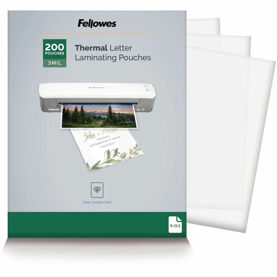 Fellowes Letter-Size Thermal Laminating Pouches - Sheet Size Supported: Letter 8.50" Width x 11" Length - Laminating Pouch/Sheet Size: 9" Width x 3 mil Thickness - Durable - Clear - 200 / Pack