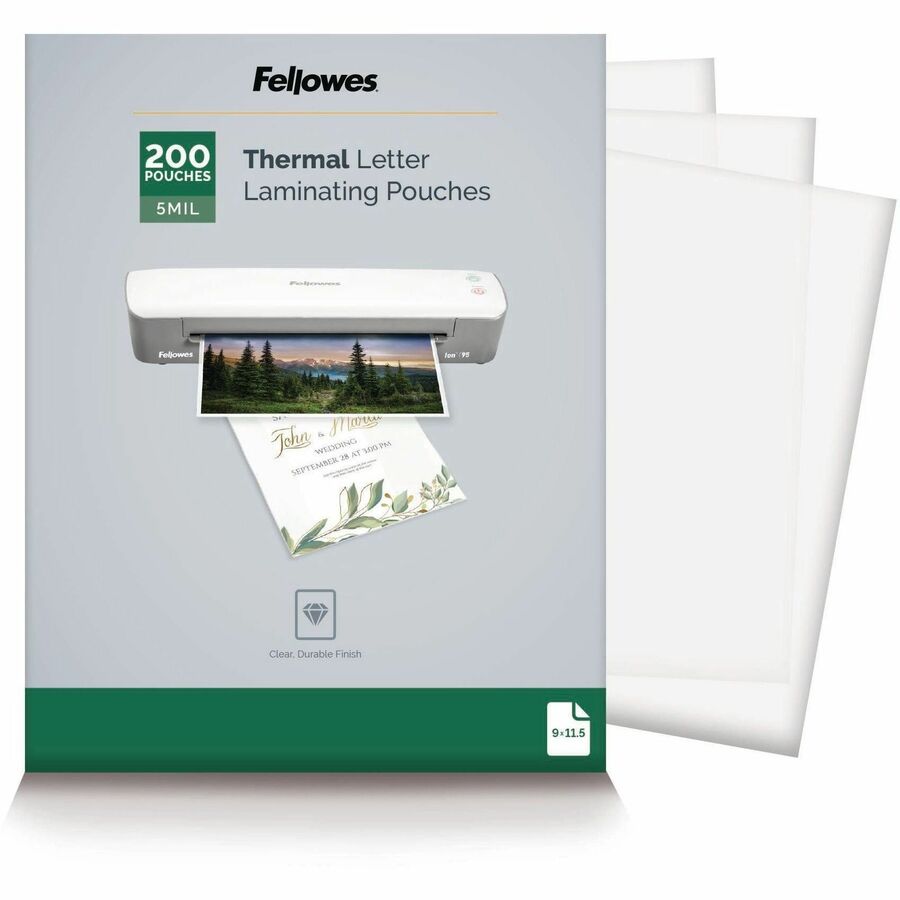 Fellowes Letter-Size Thermal Laminating Pouches - Sheet Size Supported: Letter 8.50" Width x 11" Length - Laminating Pouch/Sheet Size: 9" Width x 5 mil Thickness - Glossy - for Document - Durable, Photo-safe, Erasable, Water Proof - Clear - 200 / Pack