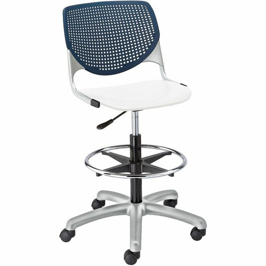 KFI Kool Collection 2300 Armless Stool with Casters - White Seat Color - Polypropylene Seat Material - Navy Back Color - Polypropylene Back Material - Powder Coated Silver Frame Color - Steel Frame Material - 1 Each