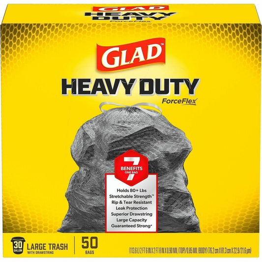 Glad ForceFlex Heavy-Duty Large Drawstring Trash Bags - Large Size - 30 gal Capacity - 32.01" Length x 30" Width x 0.90 mil (23 Micron) Thickness - Drawstring Closure - Black - Garbage, Indoor, Outdoor, Home, Office, Restaurant, Commercial/ - 1 Box