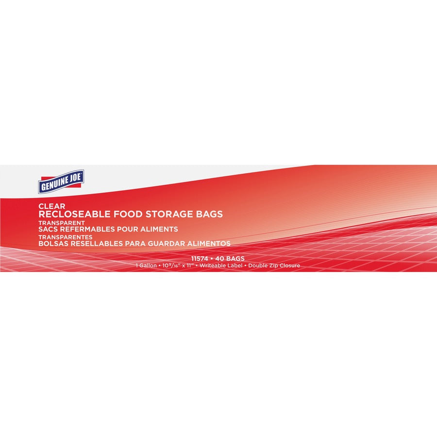 Genuine Joe Food Storage Bags - 1 gal Capacity - 11" Length x 10.56" Width x 1.75 mil (44 Micron) Thickness - Zipper Closure - Clear - Food, Beef, Poultry, Vegetables, Seafood - 40 / Box