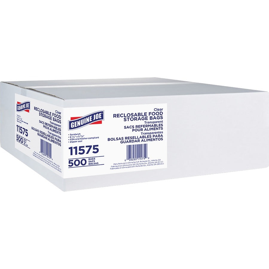 Genuine Joe Food Storage Bags - Sandwich Size - 5.88" Length x 6.50" Width x 1.15 mil (29 Micron) Thickness - Zipper Closure - Clear - Food, Beef, Poultry, Seafood, Vegetables - 1 Box
