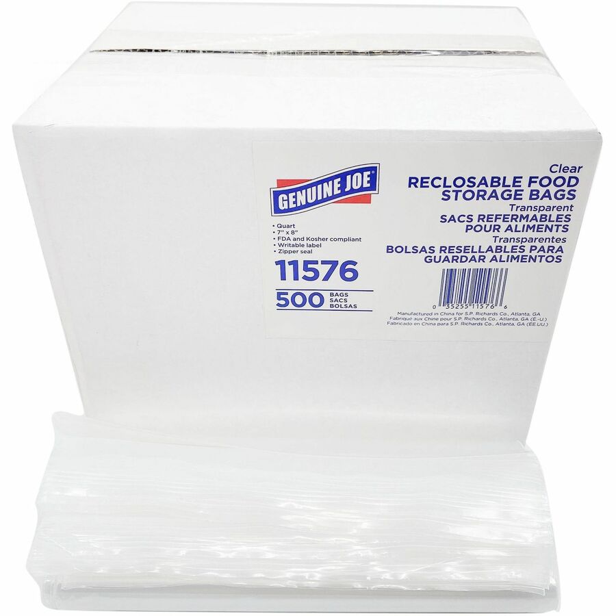Genuine Joe Food Storage Bags - 1 quart Capacity - 8" Length x 7" Width x 1.75 mil (44 Micron) Thickness - Zipper Closure - Clear - Food, Beef, Poultry, Vegetables, Seafood - 500 / Box