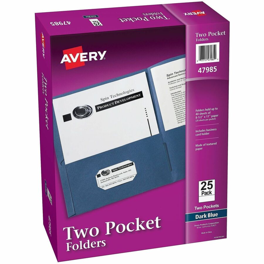 Avery&reg, Letter Pocket Folder - 8 1/2" x 11" - 40 Sheets Capacity - 2 Internal Pocket - Embossed Paper - Dark Blue - Embossed, Lightweight, Flexible - 25/Box - 5 / Carton
