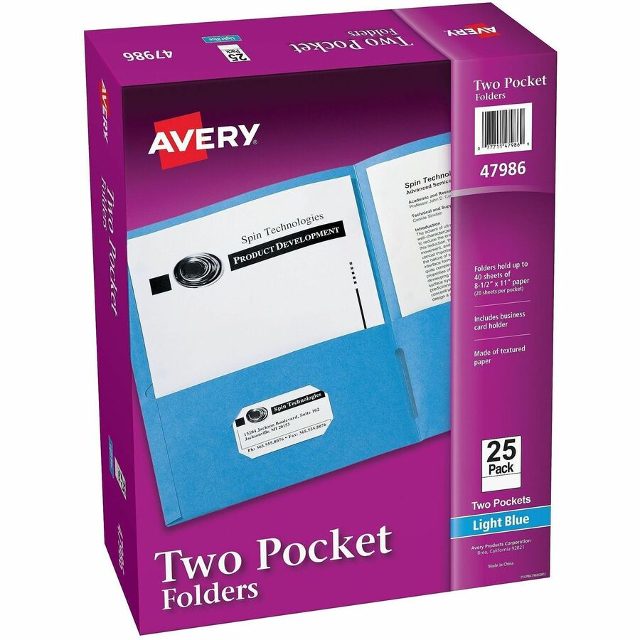 Avery&reg, Letter Pocket Folder - 8 1/2" x 11" - 40 Sheets Capacity - 2 Internal Pocket - Light Blue - Embossed - 25/Box - 5 / Carton