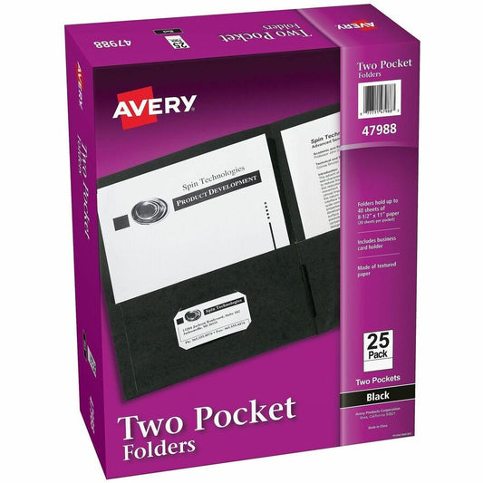 Avery, Letter Pocket Folder - 8 1/2" x 11" - 40 Sheets Capacity - 2 Internal Pocket - Embossed Paper - Black - Embossed - 25/Box - 5 / Carton