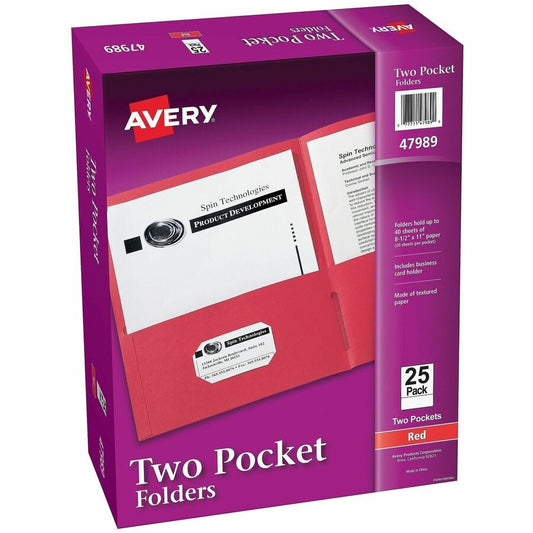 Avery, Letter Pocket Folder - 8 1/2" x 11" - 40 Sheets Capacity - 2 Internal Pocket - Embossed Paper - Red - Embossed - 25/Box - 5 / Carton