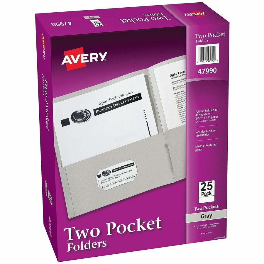 Avery&reg, Letter Pocket Folder - 8 1/2" x 11" - 40 Sheets Capacity - 2 Internal Pocket - Embossed Paper - Gray - Embossed - 25/Box - 5 / Carton