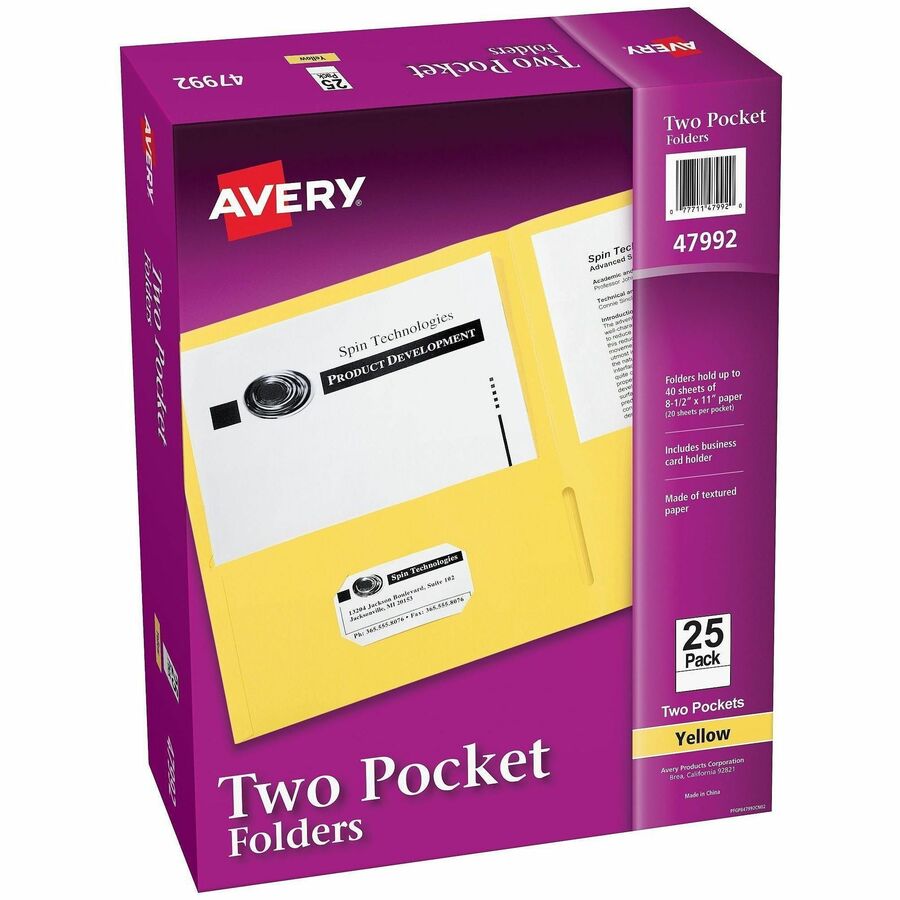 Avery&reg, Letter Pocket Folder - 8 1/2" x 11" - 40 Sheets Capacity - 2 Internal Pocket - Embossed Paper - Yellow - Embossed - 25/Box - 5 / Carton