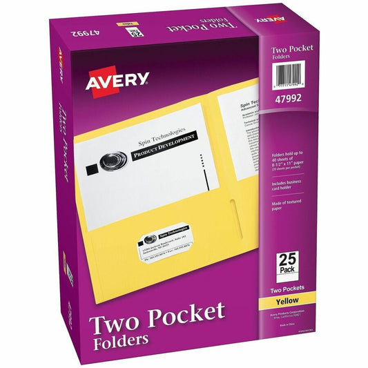 Avery, Letter Pocket Folder - 8 1/2" x 11" - 40 Sheets Capacity - 2 Internal Pocket - Embossed Paper - Yellow - Embossed - 25/Box - 5 / Carton