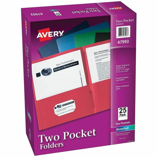 Avery, Letter Pocket Folder - 8 1/2" x 11" - 40 Sheets Capacity - 2 Internal Pocket - Embossed Paper - Assorted - Embossed - 25/Box - 5 / Carton