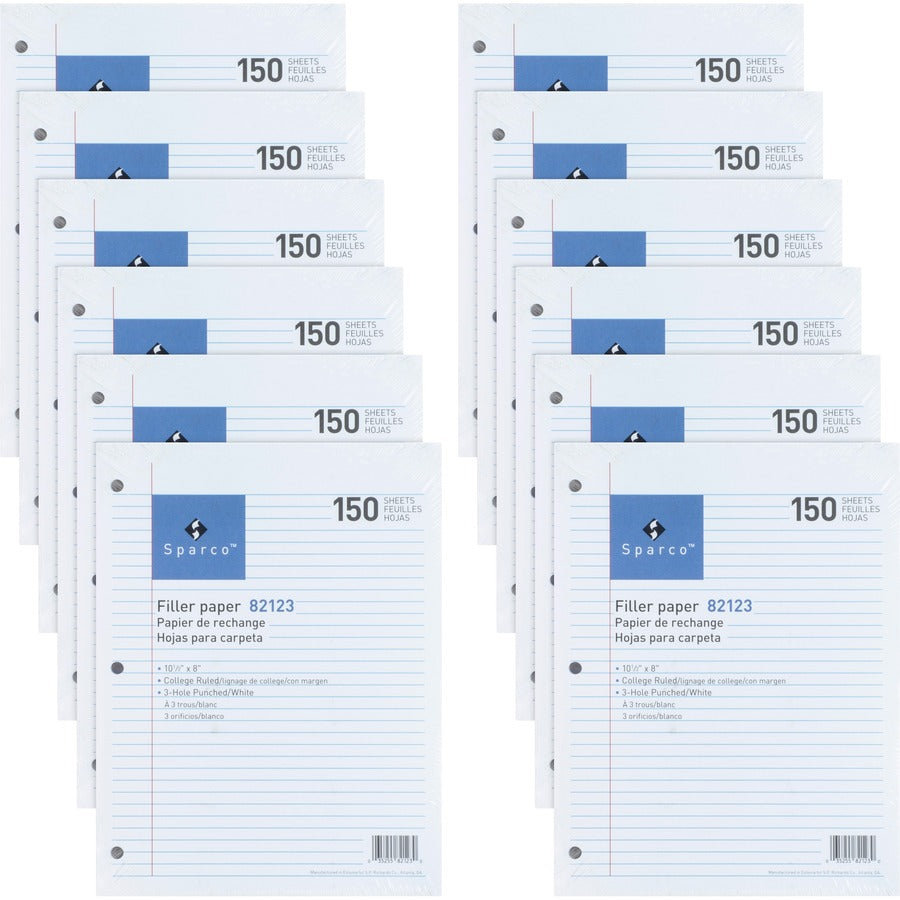 Sparco 3HP Filler Paper - 1800 Sheets - College Ruled Front Ruling - Ruled Red Margin - 16 lb Basis Weight - 8" x 10 1/2" Sheet Size - White Paper - Bleed-free - 150/Pack - 12 / Bundle