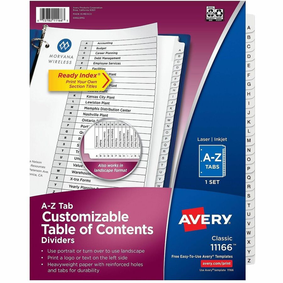 Avery Extra-Wide Dividers, 26 Tabs, Ready Index (11166) - 26 x Divider(s) - 26 Tab(s) - Alphabet - A-Z, Table of Contents - 26 Tab(s)/Set - 9.3" Divider Width x 11" Divider Length - 3 Hole Punched - White Paper Divider - Black Paper, White Tab(s) - 20%...