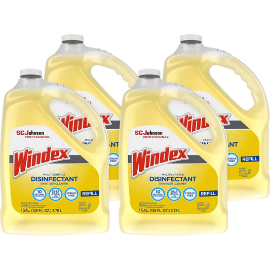 Windex, Multi-Surface Disinfectant Sanitizer Cleaner - 128 fl oz (4 quart) - Disinfectant, Residue-free, Anti-bacterial - Yellow Bottle - 4 / Carton