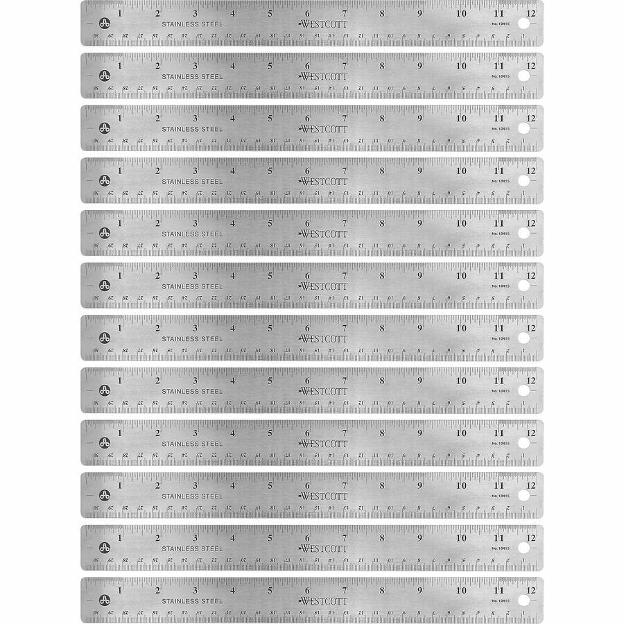 Westcott Stainless Steel Rulers - 12" Length x 1" Width - 1/16, 1/32 Graduations - Metric, Imperial Measuring System - Stainless Steel - Stainless Steel - 12 / Box