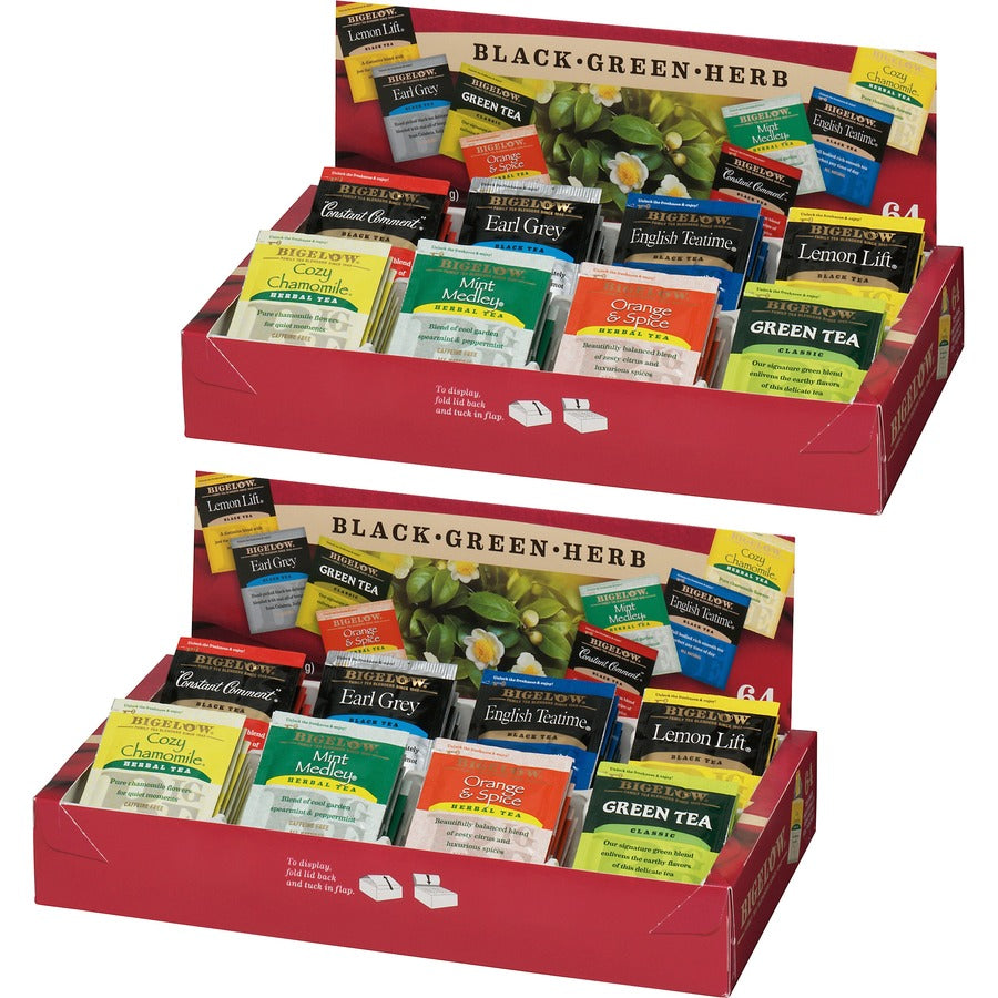 Bigelow&reg, Assorted Flavor Herbal Tea, Black Tea, Green Tea Bag - Herbal Tea, Black Tea, Green Tea - 64/Box - 2 / Bundle